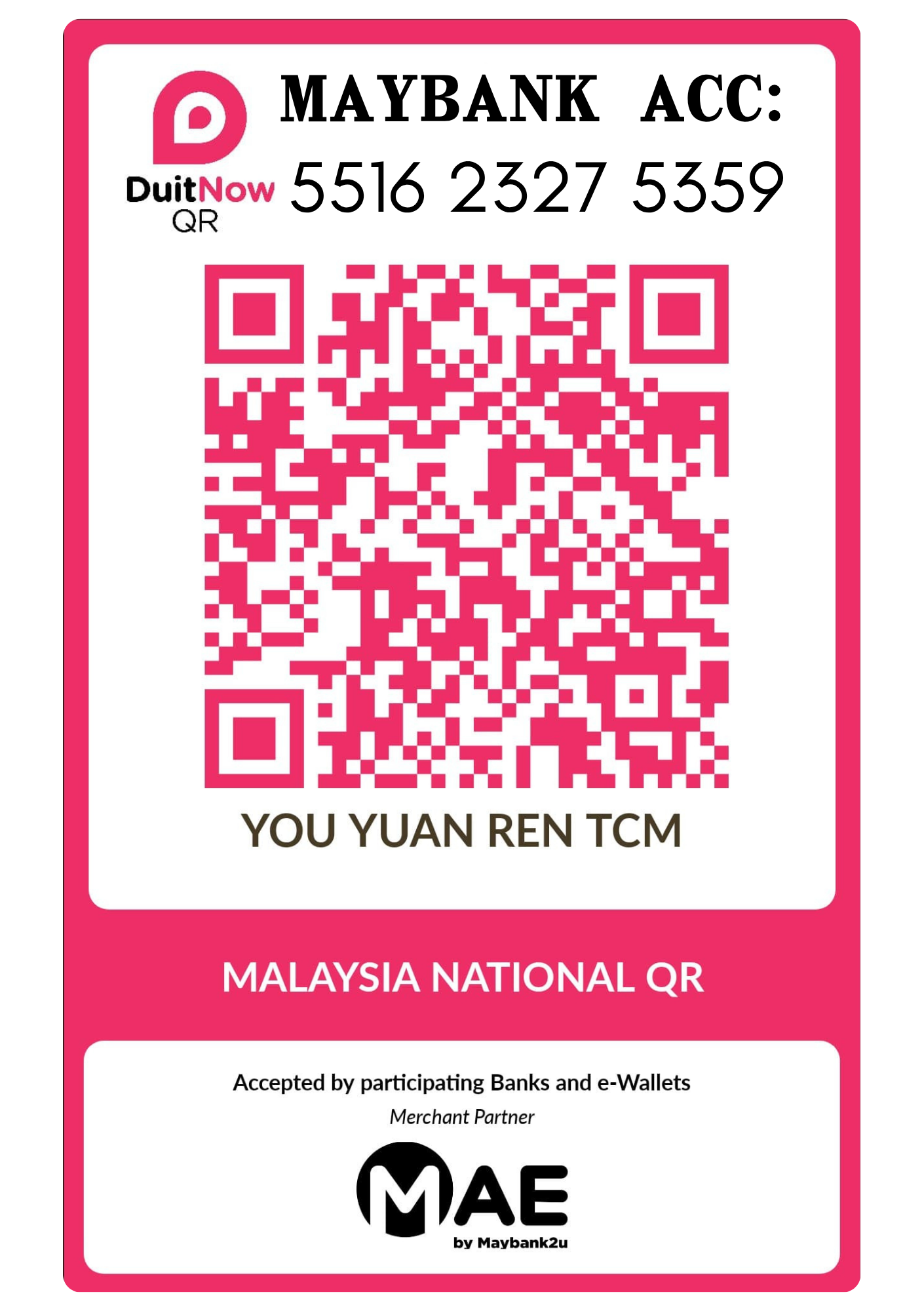 booking YOU YUAN REN TCM DuitNow QR code for booking deposits